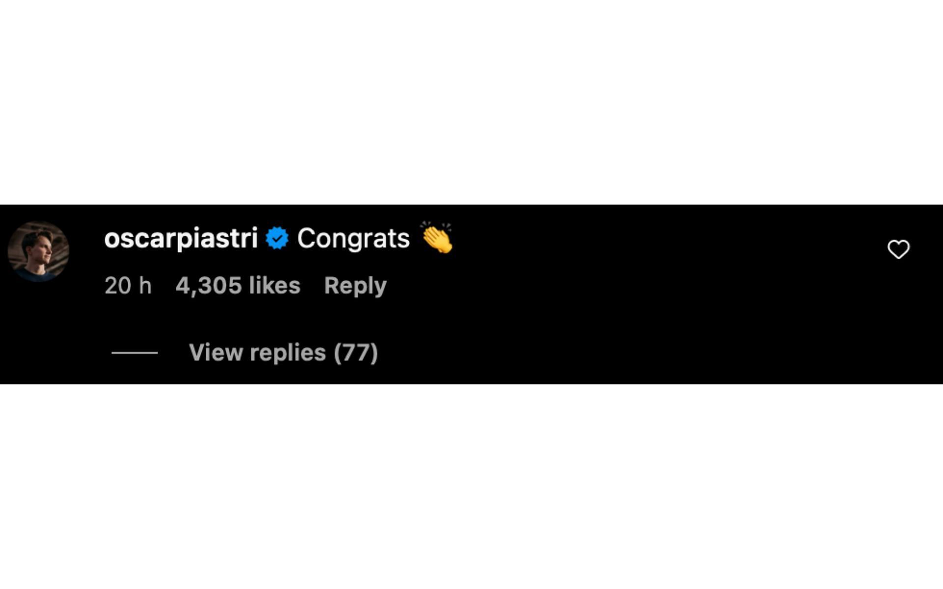 Oscar Piastri's comment on Virat Kohli's test cricket retirement post | Source: Instagram